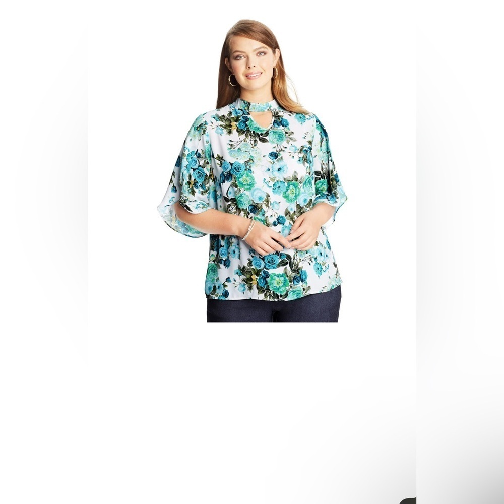 Just My Size Womens Floral Tulip-Sleeve Top, 3X, Blue Floral